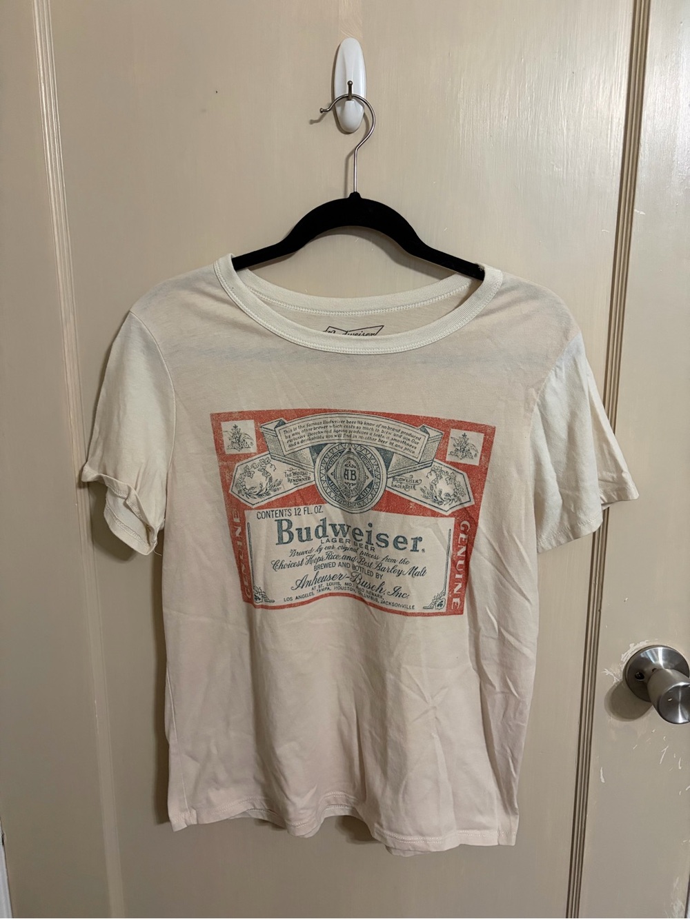 Budweiser Cream Short Sleeve Tee with Red & Blue Label Graphic